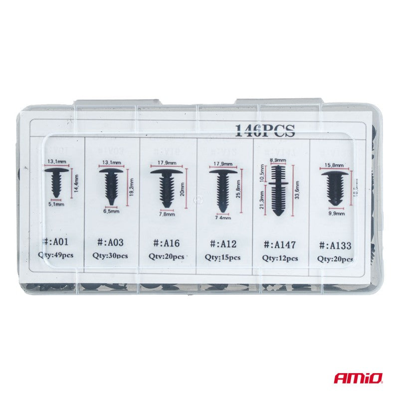 Set de cleme și știfturi auto mici 146 buc AMIO-04735