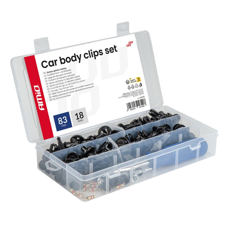 Set mic de cleme și știfturi auto cu unelte 83+18 buc.AMIO-04740