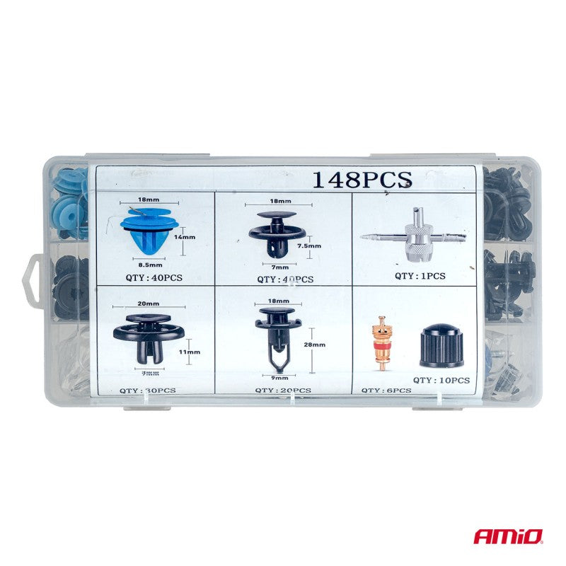 Set mic de cleme și știfturi auto cu unelte 148 buc AMIO-04741