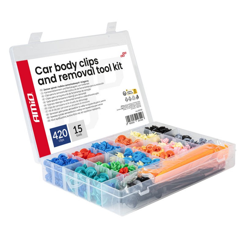 Set de cleme și scule de demontare pentru caroserie 420+15 buc. AMIO-04744