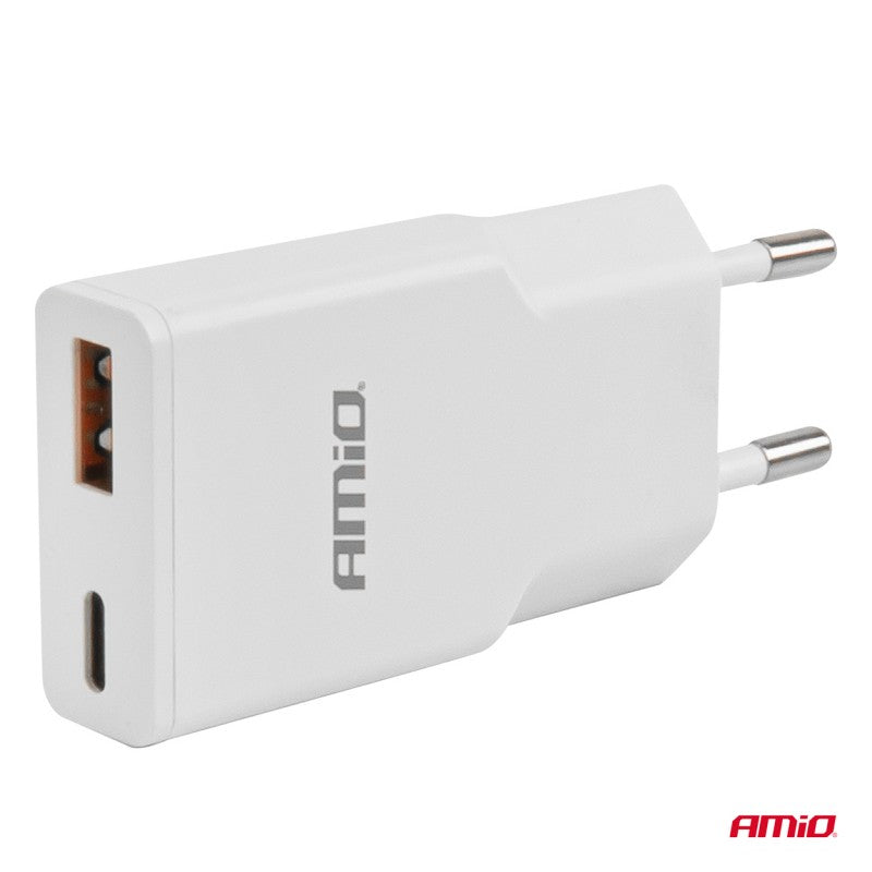 Încărcător de perete 230V 20W GaN USB-C USB-A AMIO-04838