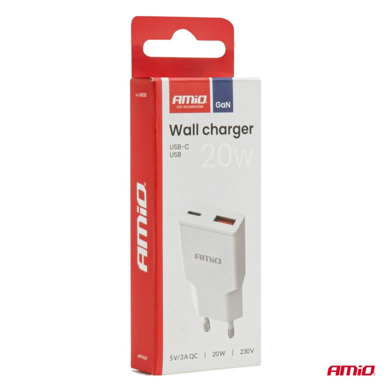 Încărcător de perete 230V 20W GaN USB-C USB-A AMIO-04838