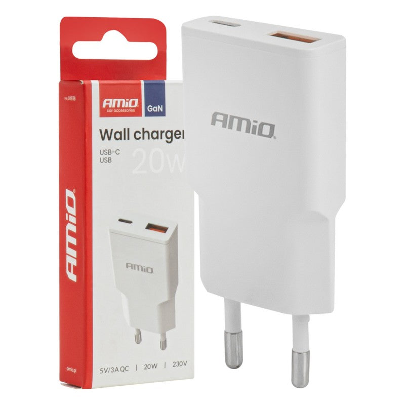 Încărcător de perete 230V 20W GaN USB-C USB-A AMIO-04838