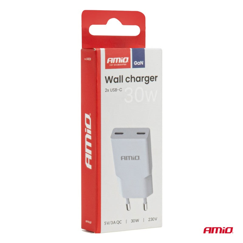 Încărcător de perete 230V 30W GaN 2xUSB-C AMIO-04839