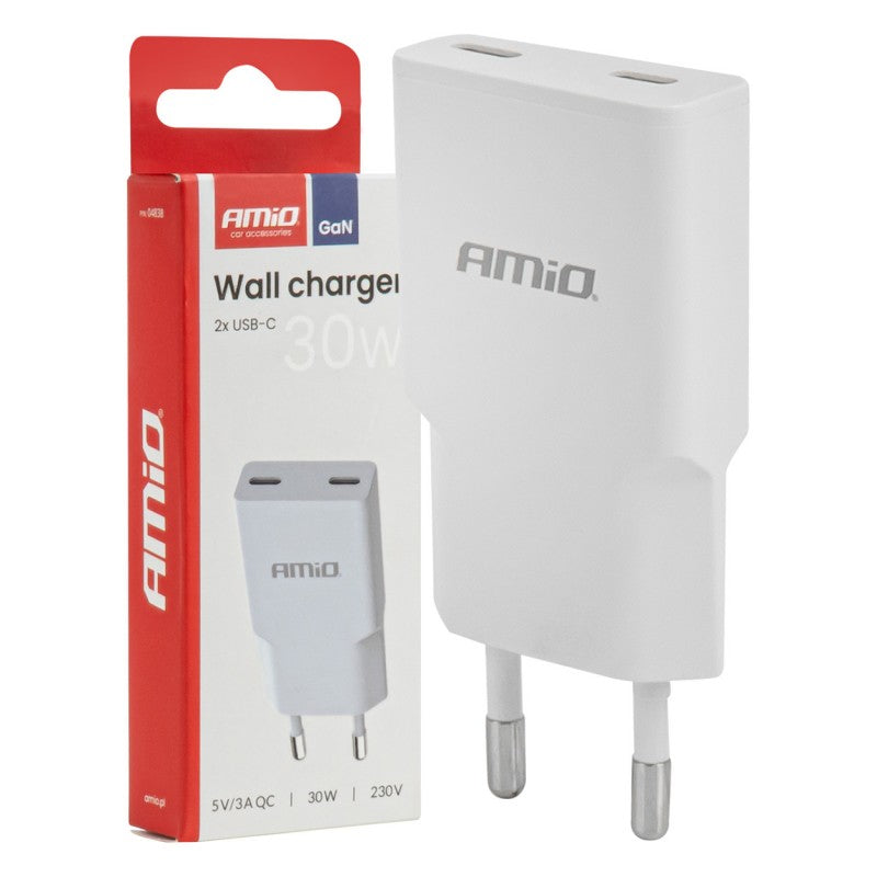 Încărcător de perete 230V 30W GaN 2xUSB-C AMIO-04839