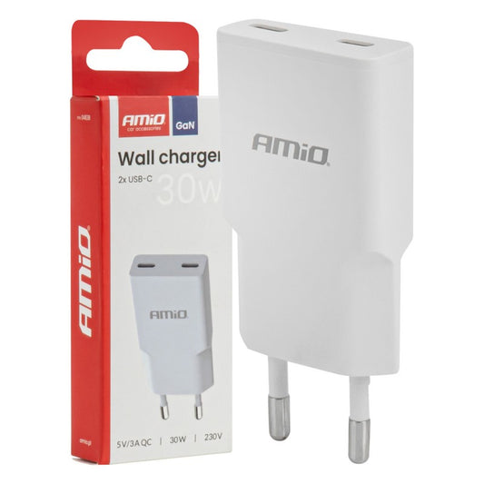 Încărcător de perete 230V 30W GaN 2xUSB-C AMIO-04839