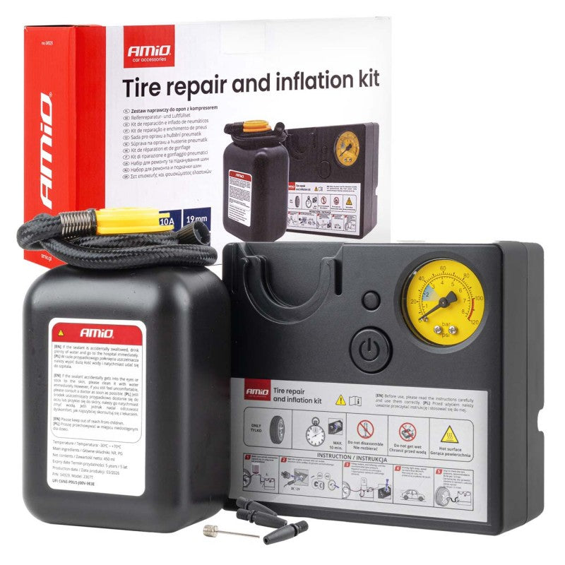 Kit de reparare și umflare anvelope 19 mm centimetru cilindru 12V AMIO-04929