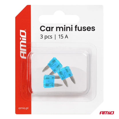 Siguranțe auto mini-lamă, 3 buc., 15A, AMIO-05099