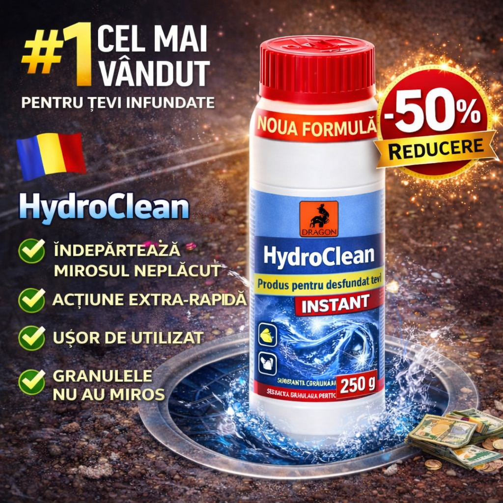 HydroClean - Elimină rapid și definitiv blocajele din țevi, dizolvând părul, grăsimea și depunerile dure