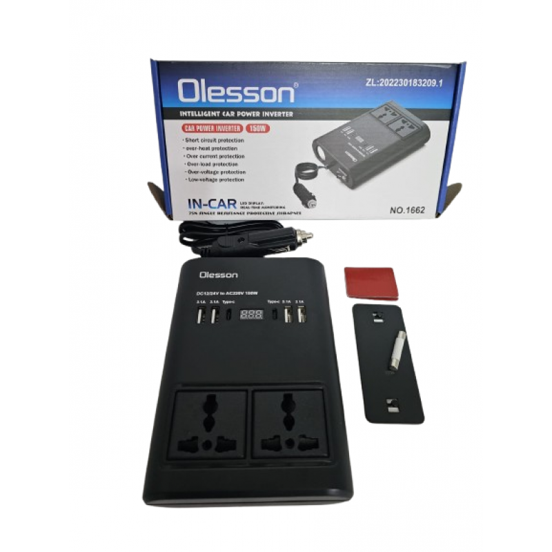 Invertor auto Olesson, 150W cu Display Inteligent și Multiple Porturi