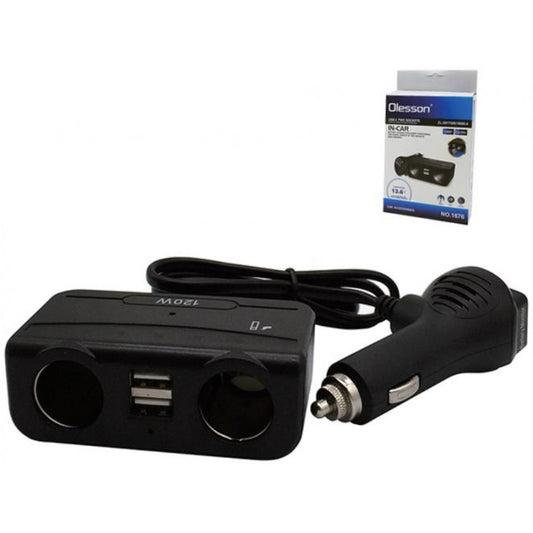 Încărcător Auto Olesson 1676, 120W, 12/24V, 2 Ieșiri Brichetă și 2 Porturi USB cu Voltmetru