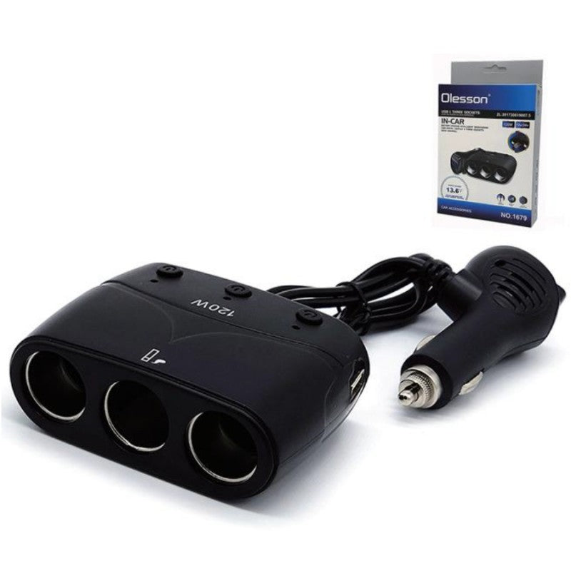 Încărcător Auto Olesson  cu 3 Prize și 2 Porturi USB si voltmetru