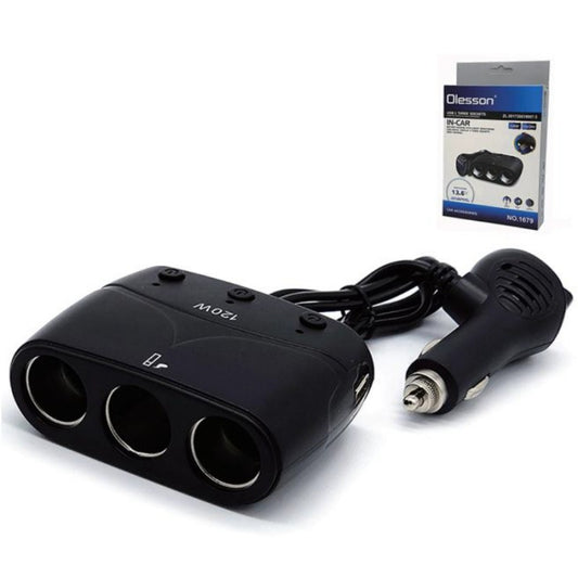 Încărcător Auto Olesson  cu 3 Prize și 2 Porturi USB si voltmetru