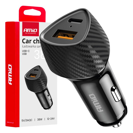 Încărcător auto QC+PD 38W USB-A + USB-C AMIO-04283
