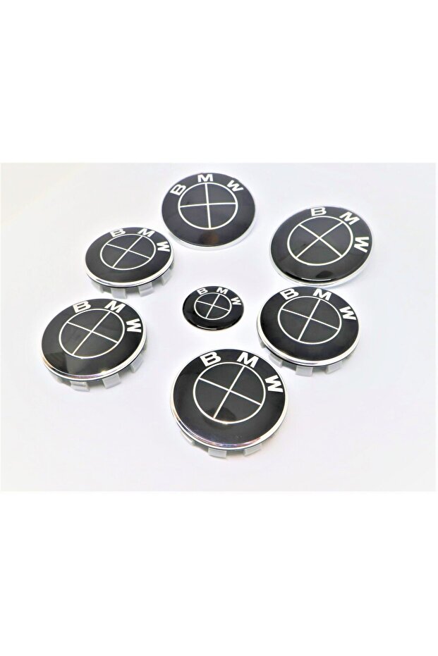 Set embleme BMW 7 piese, negre full, capota/portbagaj 82 mm, capace jante 68mm, sigla volan 44 mm, B