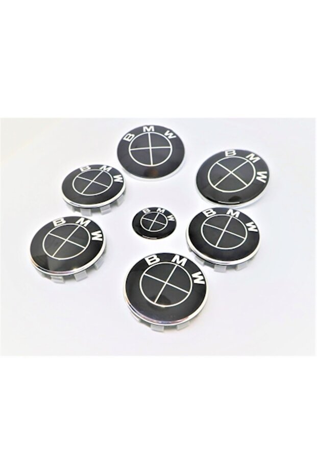 Set embleme BMW 7 piese, negre full, capota/portbagaj 82 mm, capace jante 68mm, sigla volan 44 mm, B