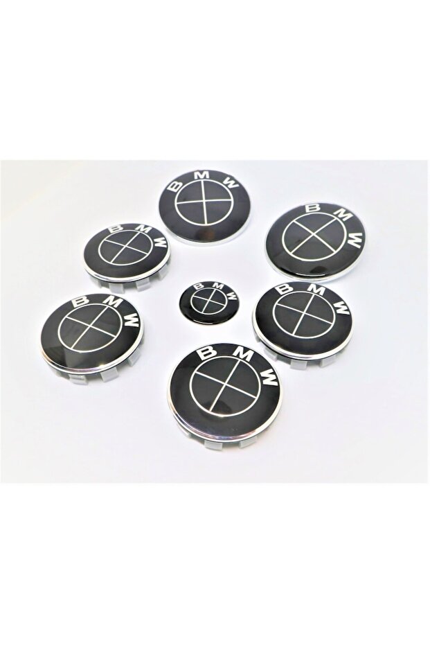 Set embleme BMW 7 piese, negre full, capota/portbagaj 82 mm, capace jante 68mm, sigla volan 44 mm, B
