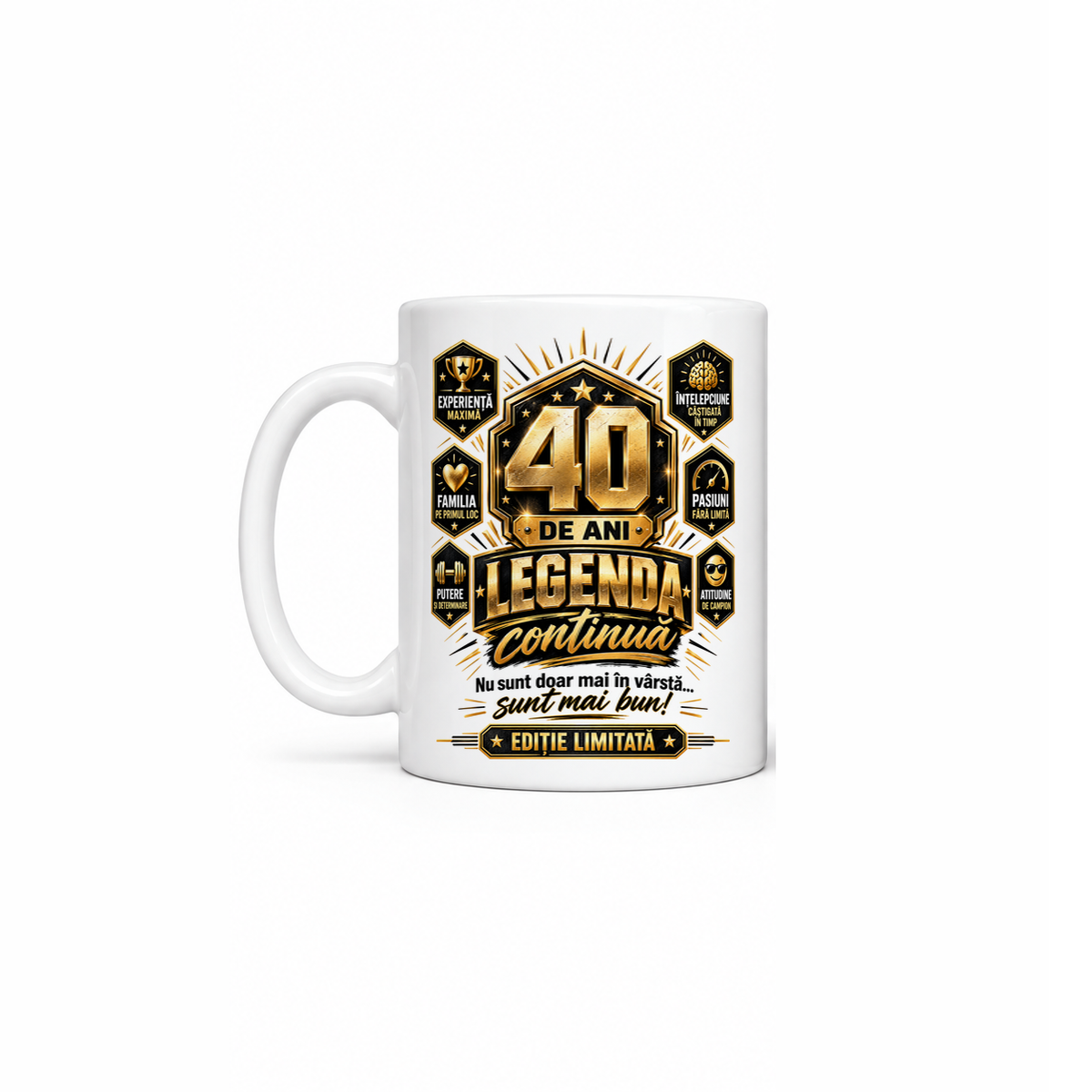 Cană personalizată aniversară „Legenda continuă”, cadou pentru bărbați 18–99 de ani, ediție limitată, ceramică albă 330 ml