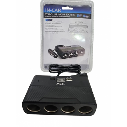 Încărcător auto Olesson, 120W, 4 Cai cu USB și Mufă Tip C
