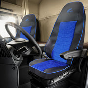 SET HUSE SCAUN TRUCK UMBRELLA PENTRU VOLVO EURO 5 PIELE ECOLOGICA NEAGRA + VELVET ALBASTRU