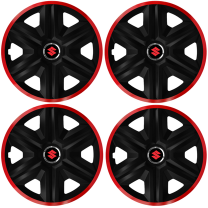 Set 4 Capace Roti pentru Suzuki, model Fast Black Cu Rama Rosie, R16