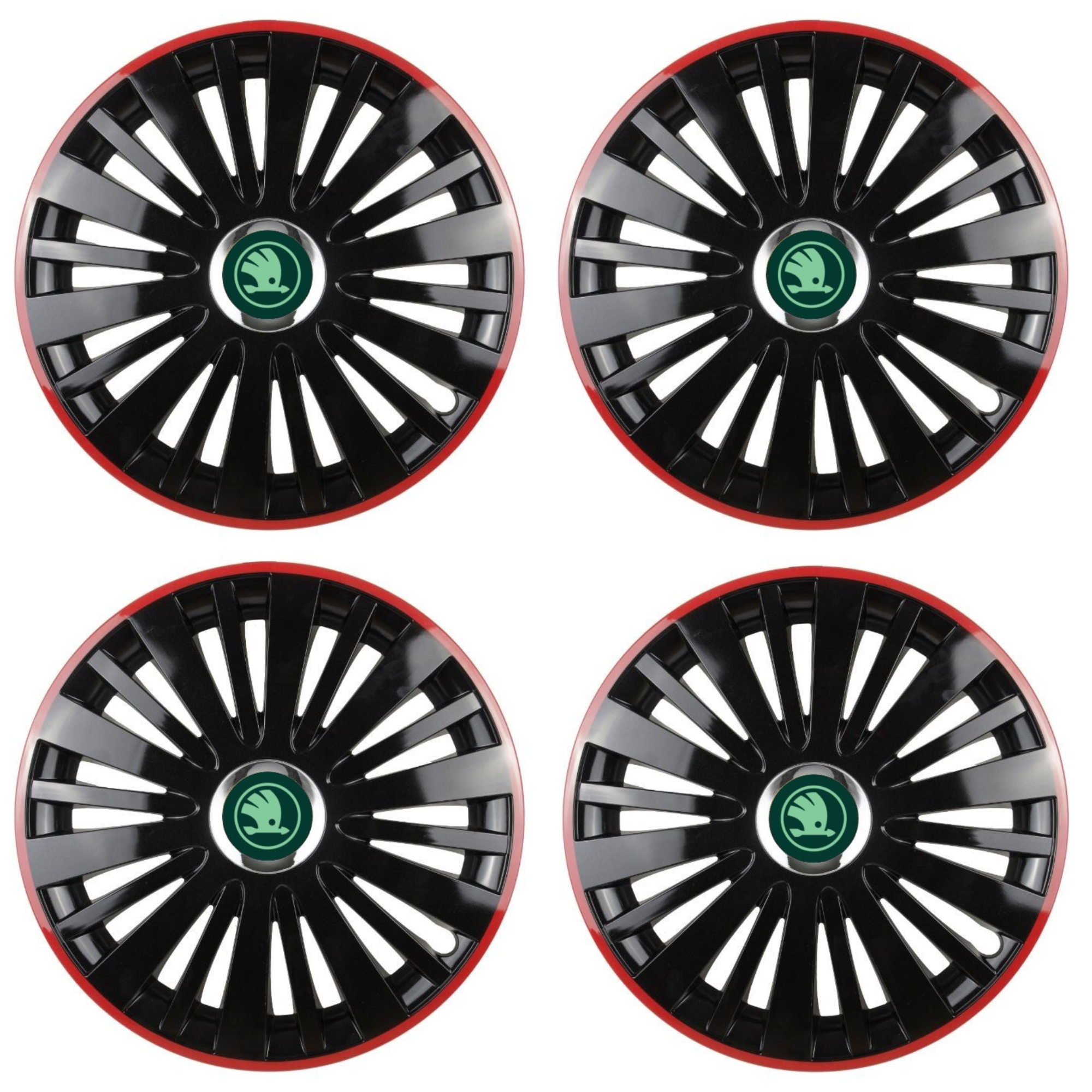 Set 4 Capace Roti pentru Skoda Nou Verde model Falcon Black Cu Rama Rosie R15 SKODA