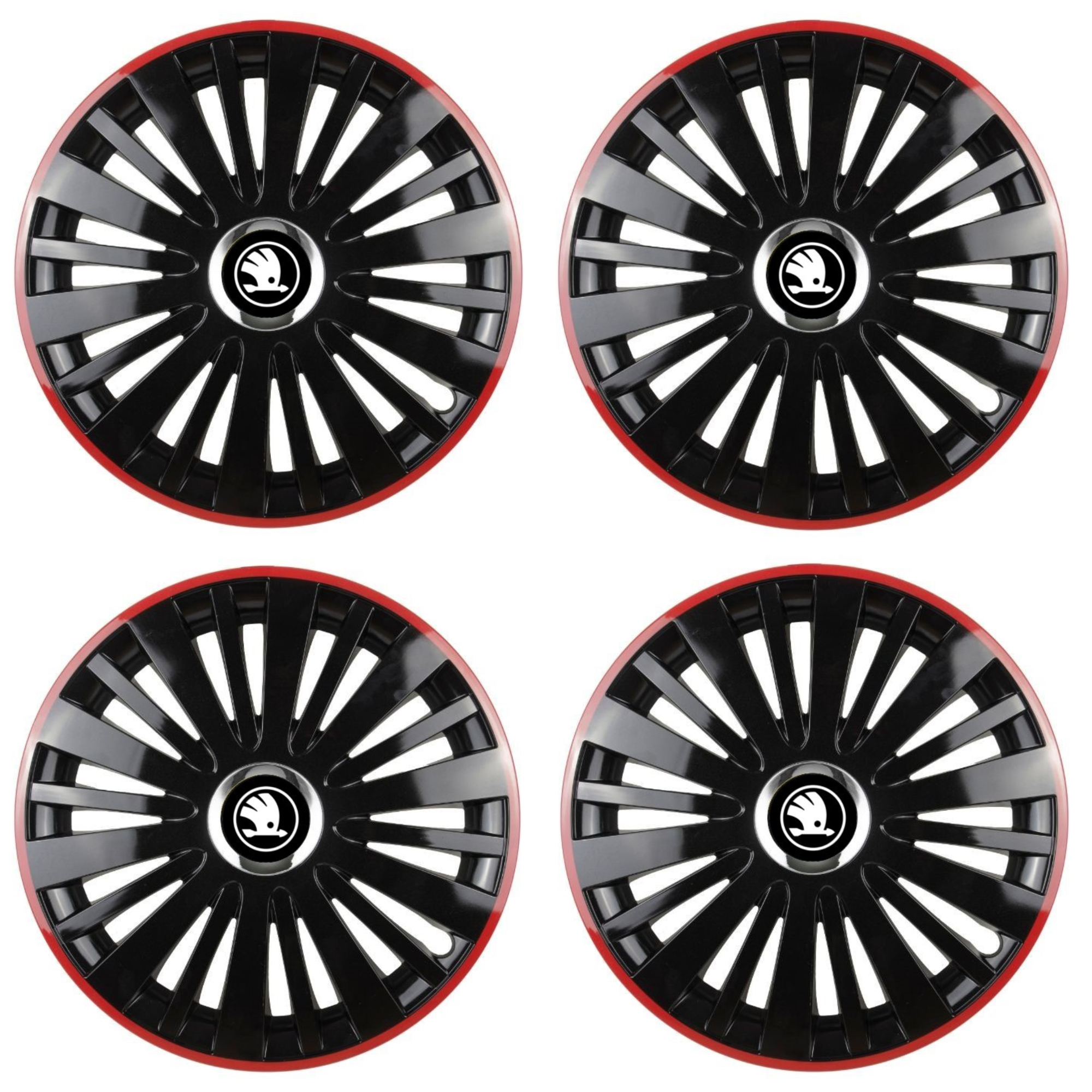 Set 4 Capace Roti pentru Skoda Nou Alb-Negru model Falcon Black Cu Rama Rosie R15 SKODA