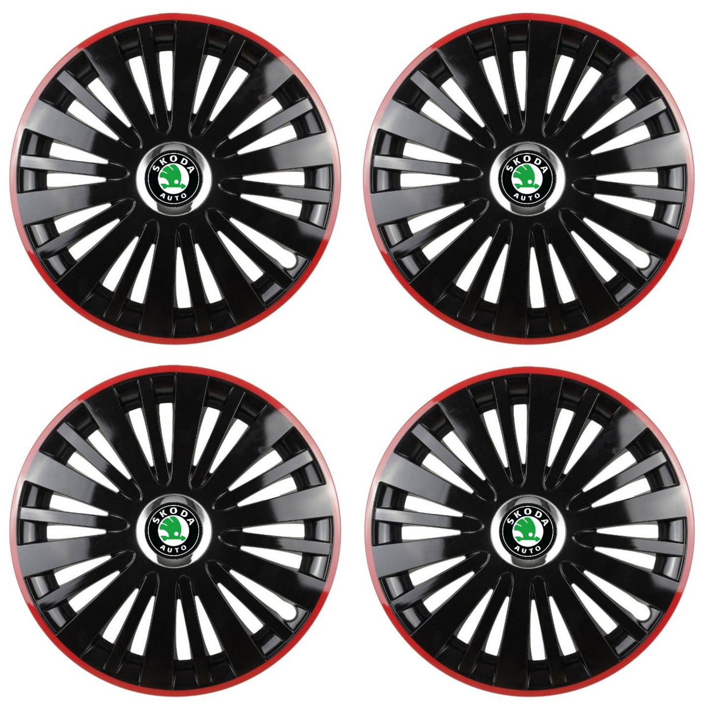 Set 4 Capace Roti pentru Skoda model Falcon Black Cu Rama Rosie R14
