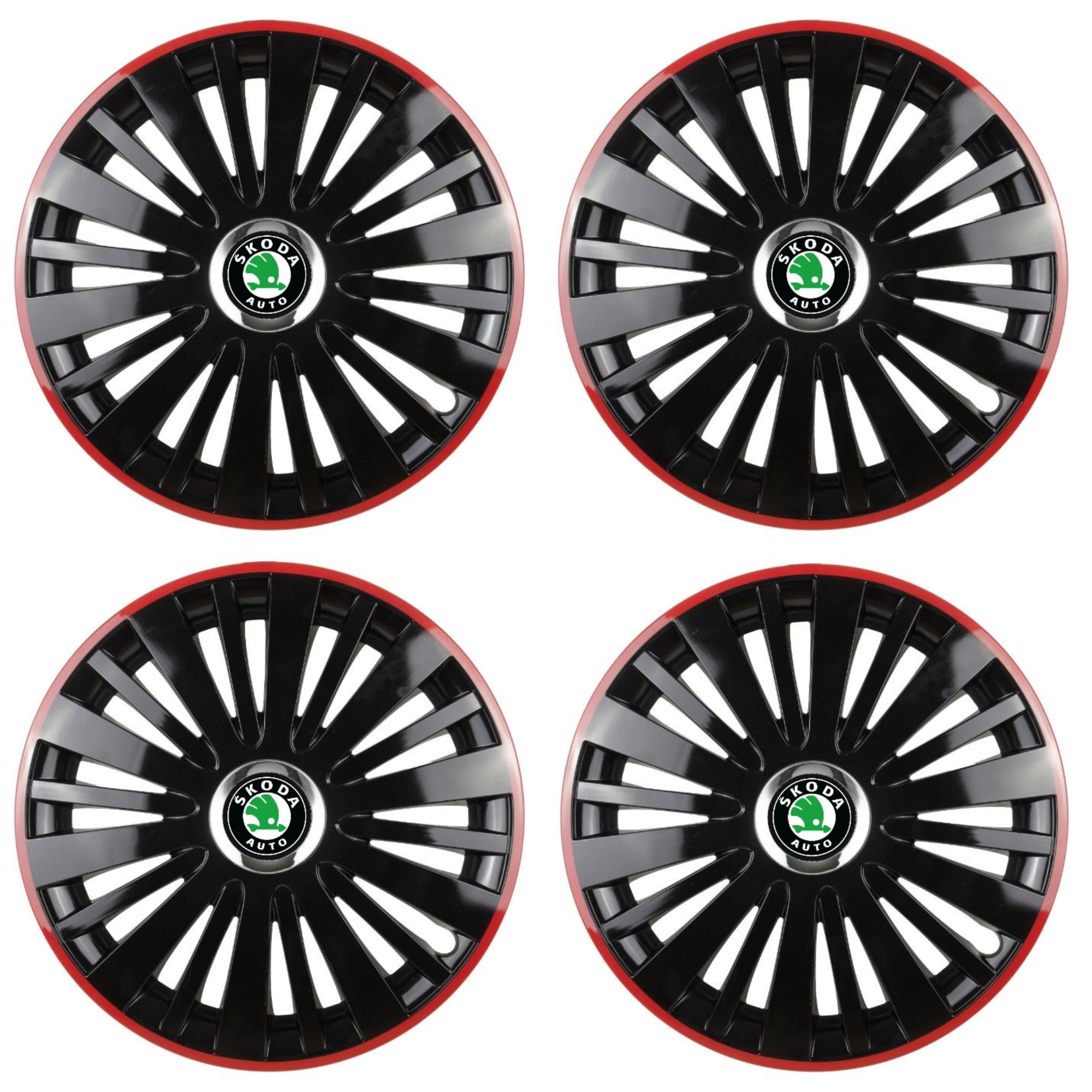 Set 4 Capace Roti pentru Skoda model Falcon Black Cu Rama Rosie R16 SKODA