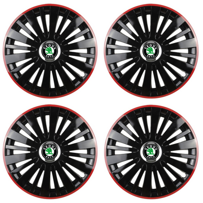 Set 4 Capace Roti pentru Skoda model Falcon Black Cu Rama Rosie R14