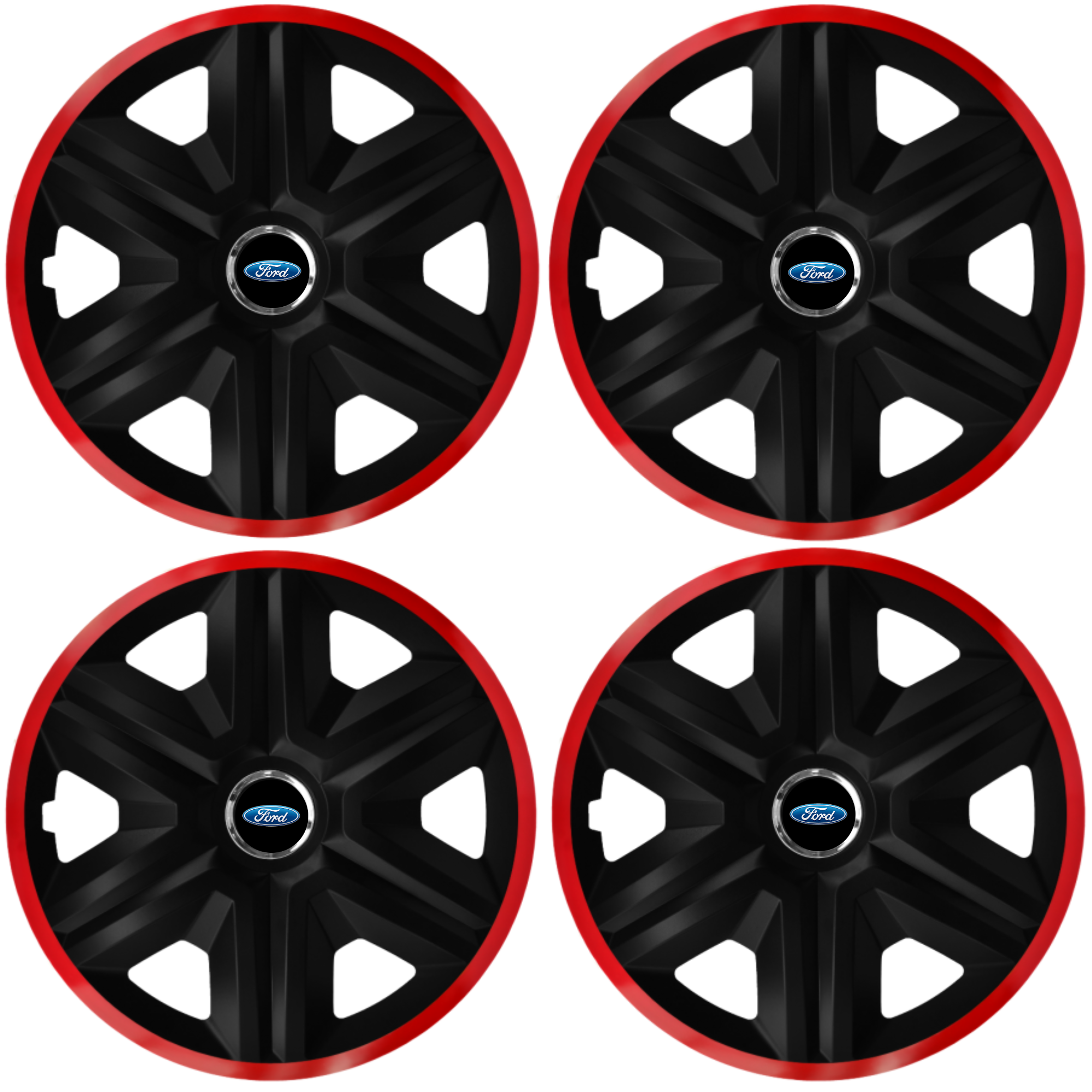 Set 4 Capace Roti pentru Ford, model Fast Black Cu Rama Rosie, R15