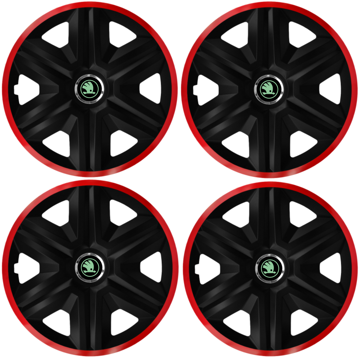 Комплект 4 таса за Skoda New Green, модел Fast Black с червена рамка, R14