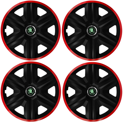Set 4 Capace Roti pentru Skoda Nou Verde, model Fast Black Cu Rama Rosie, R15