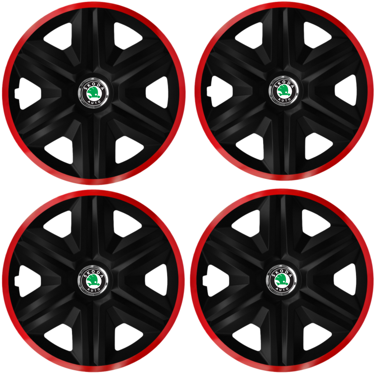 Set 4 Capace Roti pentru Skoda, model Fast Black Cu Rama Rosie, R14