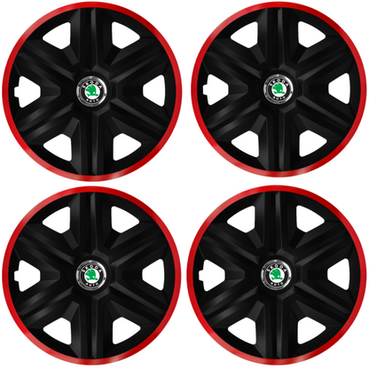 Set 4 Capace Roti pentru Skoda, model Fast Black Cu Rama Rosie, R16