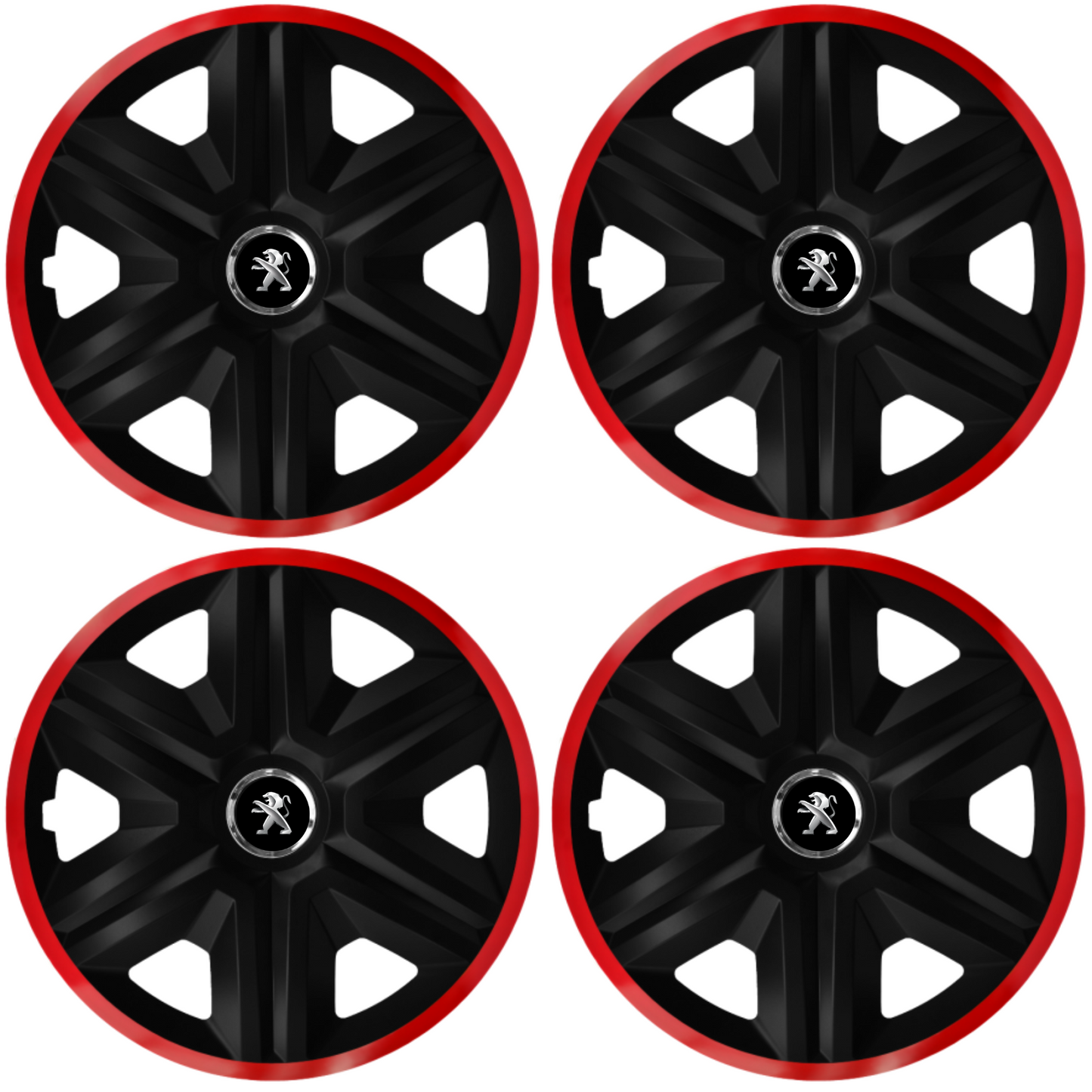 Set 4 Capace Roti pentru Peugeot, model Fast Black Cu Rama Rosie, R15