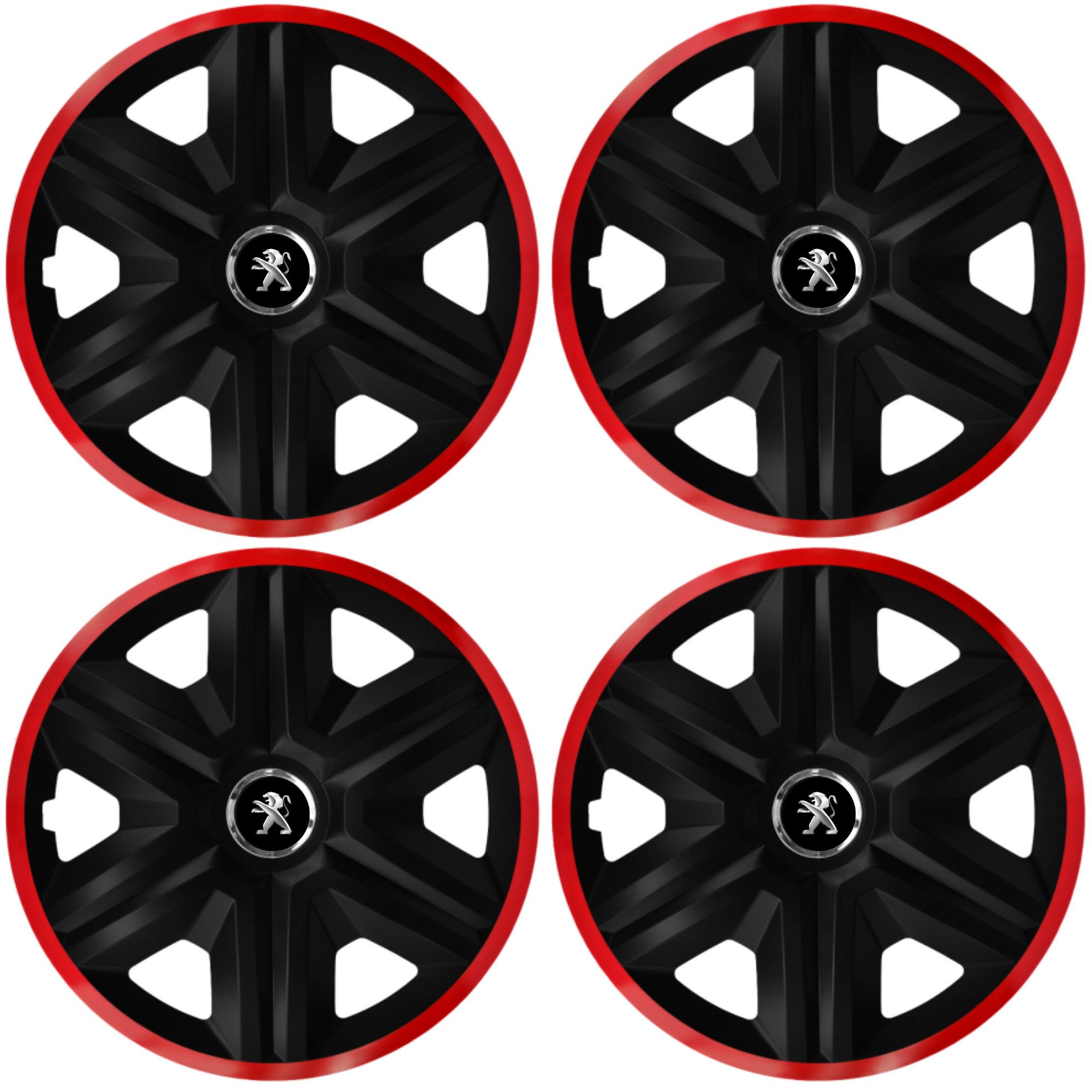 Set 4 Capace Roti pentru Peugeot, model Fast Black Cu Rama Rosie, R16