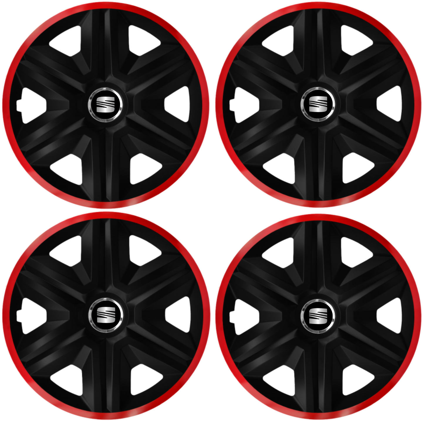 Set 4 Capace Roti pentru Seat, model Fast Black Cu Rama Rosie, R16