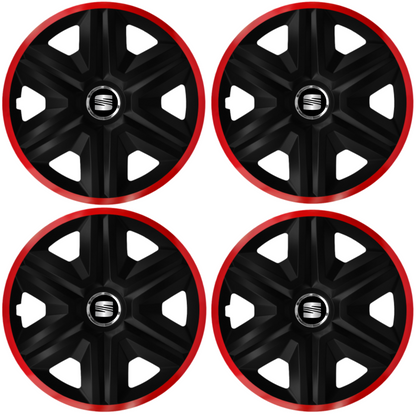 Set 4 Capace Roti pentru Seat, model Fast Black Cu Rama Rosie, R16