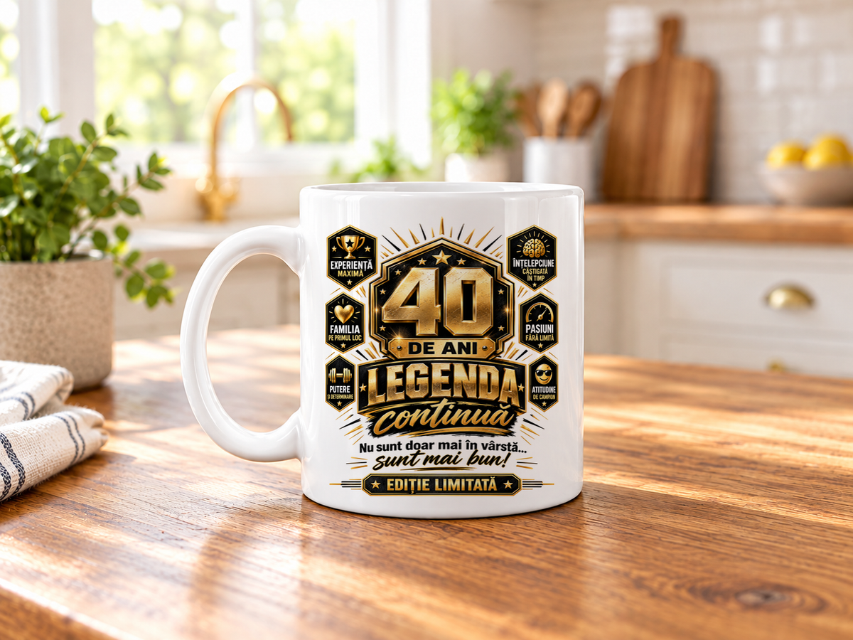 Cană personalizată aniversară „Legenda continuă”, cadou pentru bărbați 18–99 de ani, ediție limitată, ceramică albă 330 ml