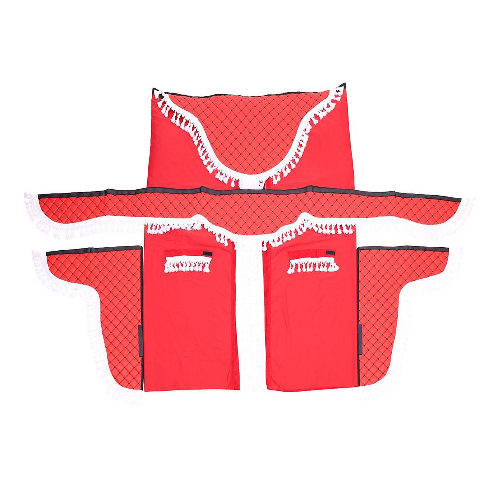 SET PERDELE CABINA CAMION. UNIVERSALE. VELUR. ROSU-ALB