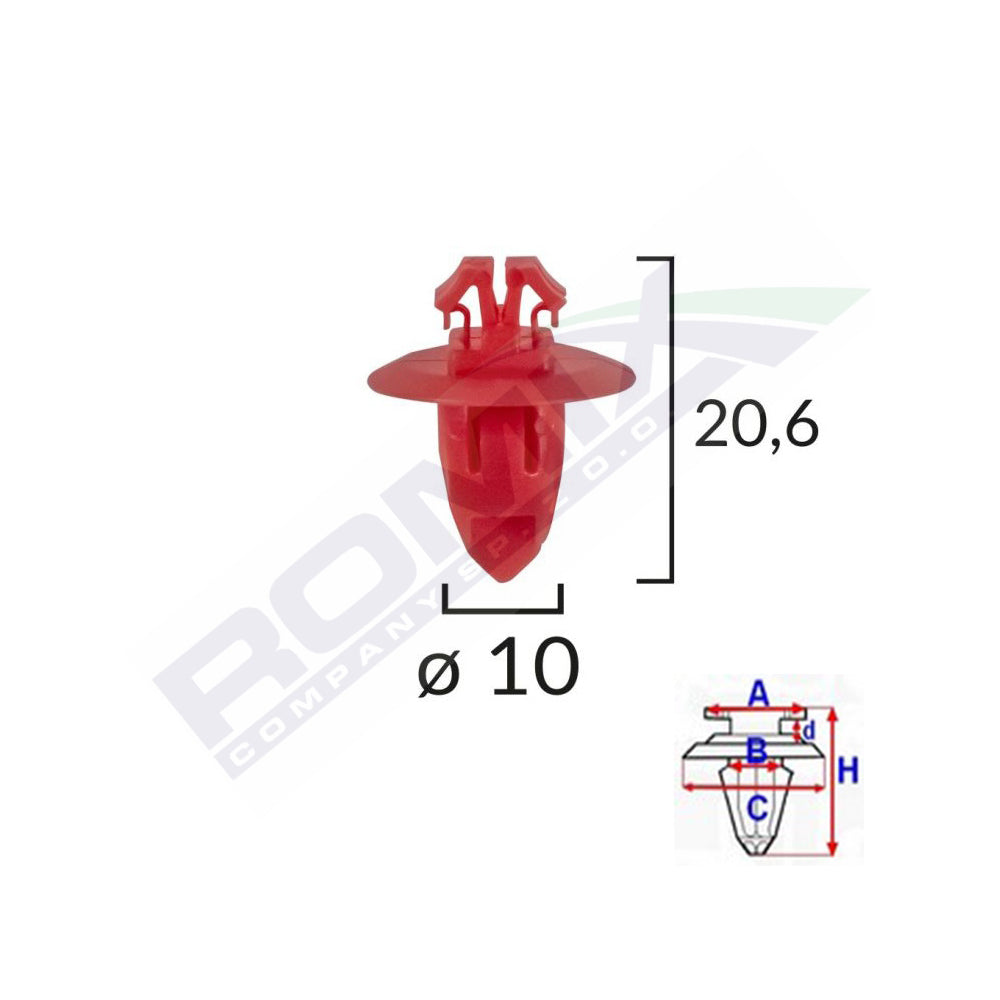CLIPS FIXARE ELEMENTE EXTERIOARE PENTRU TOYOTA 10X20.6 - ROSU SET 10 BUC