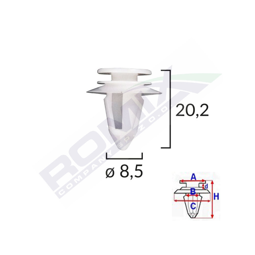 KÁRPIT CSAPOK FORD/MINI/VOLVO/MERCEDES-hez 8,5X20,2MM - FEHÉR, 10 DB-OS KÉSZLET