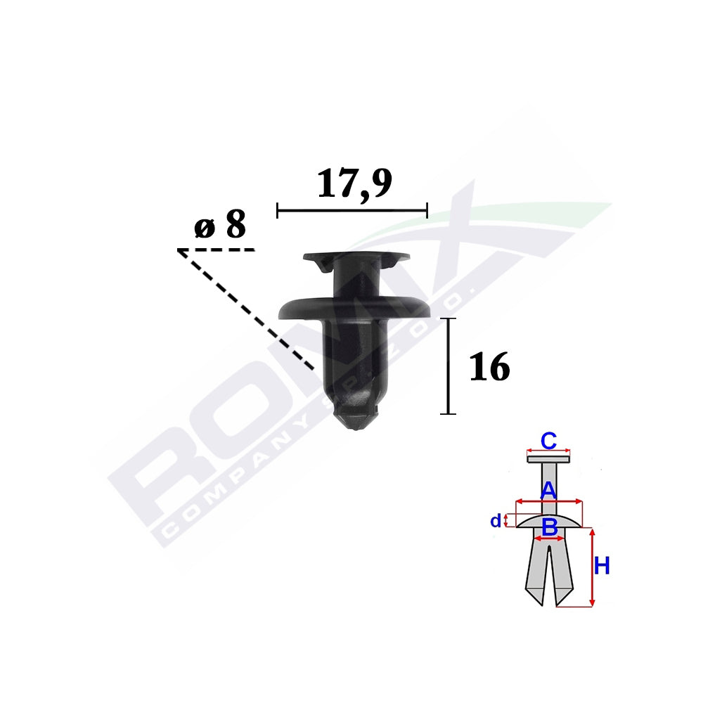KÜLSŐ ELEMEK RÖGZÍTŐ CSAPOK HYUNDAI, KIA-HOZ 8X16MM FEKETE - 10 DB-OS KÉSZLET