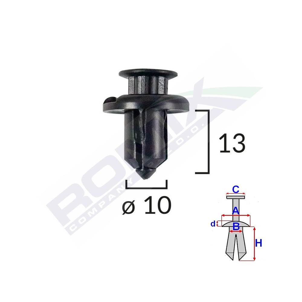 ELSŐ LÖKHÁRÍTÓ RÖGZÍTŐ CSAPOK HONDA/MITSUBISHI-HEZ 10X13MM - FEKETE, 5 DB-OS KÉSZLET