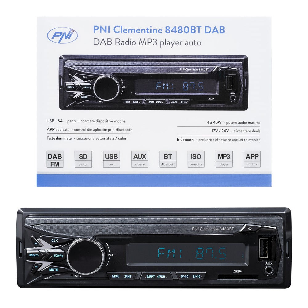 Rádió MP3 lejátszó AUTO DAB és RDS PNI Clementine 8480BT 4X45W, 12/24V, SD, USB, AUX, RCA, BLUETOOTH és USB 1.5A csatlakozókkal