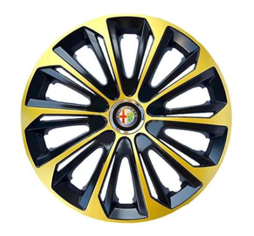 Set 4 Wheel Caps Extra Strong Gold & Black R14, suitable for Alfa Romeo