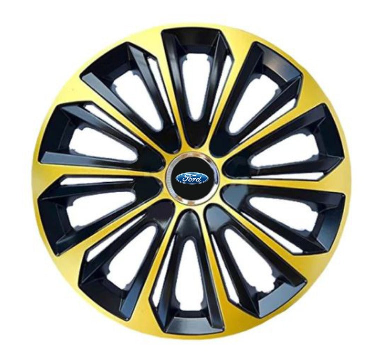 Set 4 Wheel Caps Extra Strong Gold & Black R14, suitable for Ford