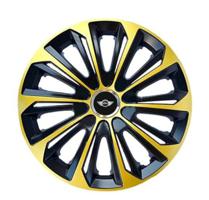 Set 4 Wheel Caps Extra Strong Gold & Black R14, suitable for Mini Cooper