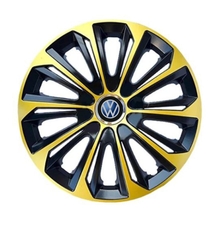 Set 4 Wheel Caps Extra Strong Gold & Black R14, suitable for VW